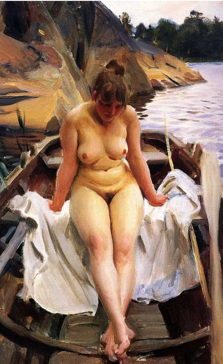 An oil painting by Anders Zorn showing a nude woman sitting in a wooden rowboat. She is seated on a draped white cloth with her feet together and her hands resting on the boat’s edge. Her head is slightly bowed, and her gaze is directed downward, giving her a contemplative expression. Behind her, warm-toned rocky cliffs and still purple-toned water suggest a secluded lakeside setting at dusk or early morning. The brushstrokes are loose but precise, and the scene conveys quiet, natural intimacy.