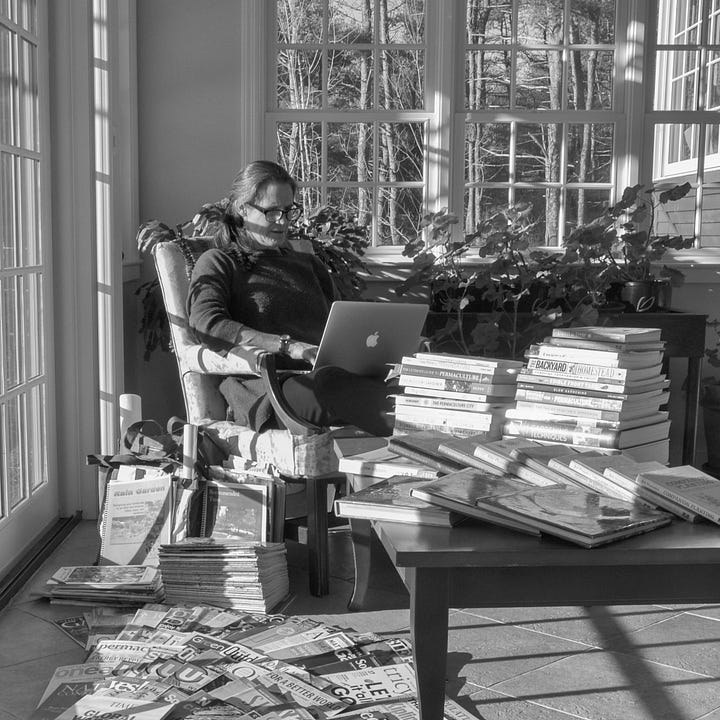 Diptych, Black & White: Woman at computer in chair surrounded by books and a toilet handle with instructions: Up or Down?