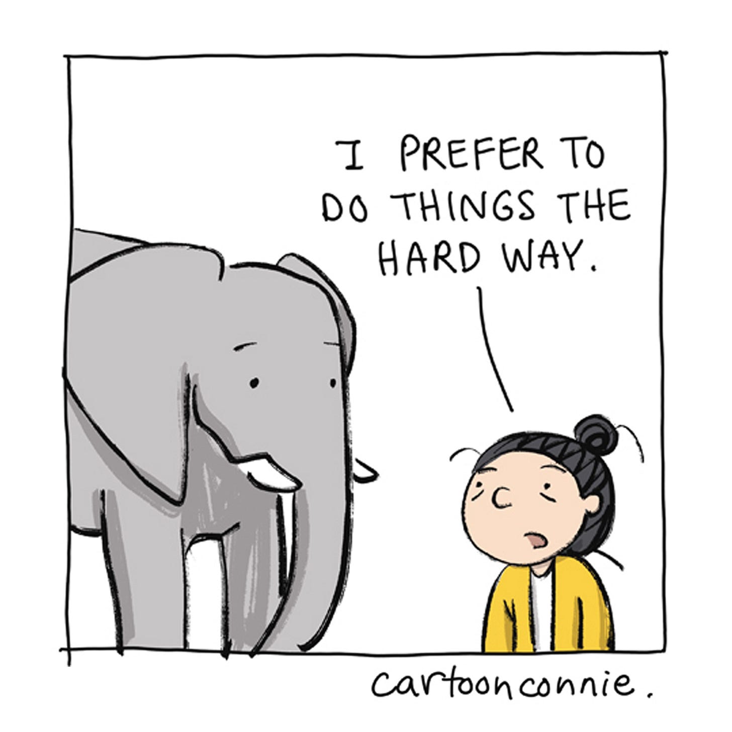 Panel 5/6 of a comic strip titled "The Life of a Writer," 2026, by Connie Sun, cartoonconnie, featuring a cartoon girl talking to an elephant in the artist's signature style.