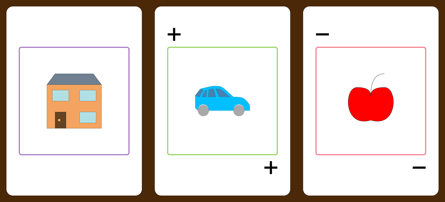3 cards, face up. (1) House in purple box. (2) Car in green box. (3) Apple in pink box.