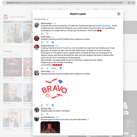A gallery with screenshots with remarks from Haradinaj's social media post