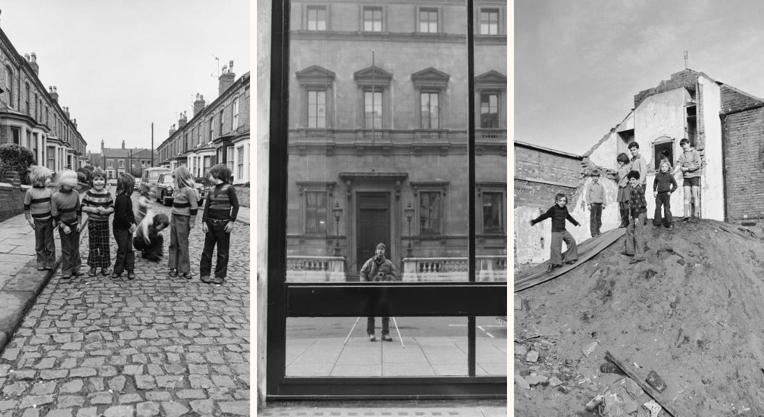 Three pictures - one of a group of children on a street, one of John Dean photographing a building, and one of a group of children on a pile of rubble Three pictures - one of a group of children on a street, one of John Dean photographing a building, and one of a group of children on a pile of rubble