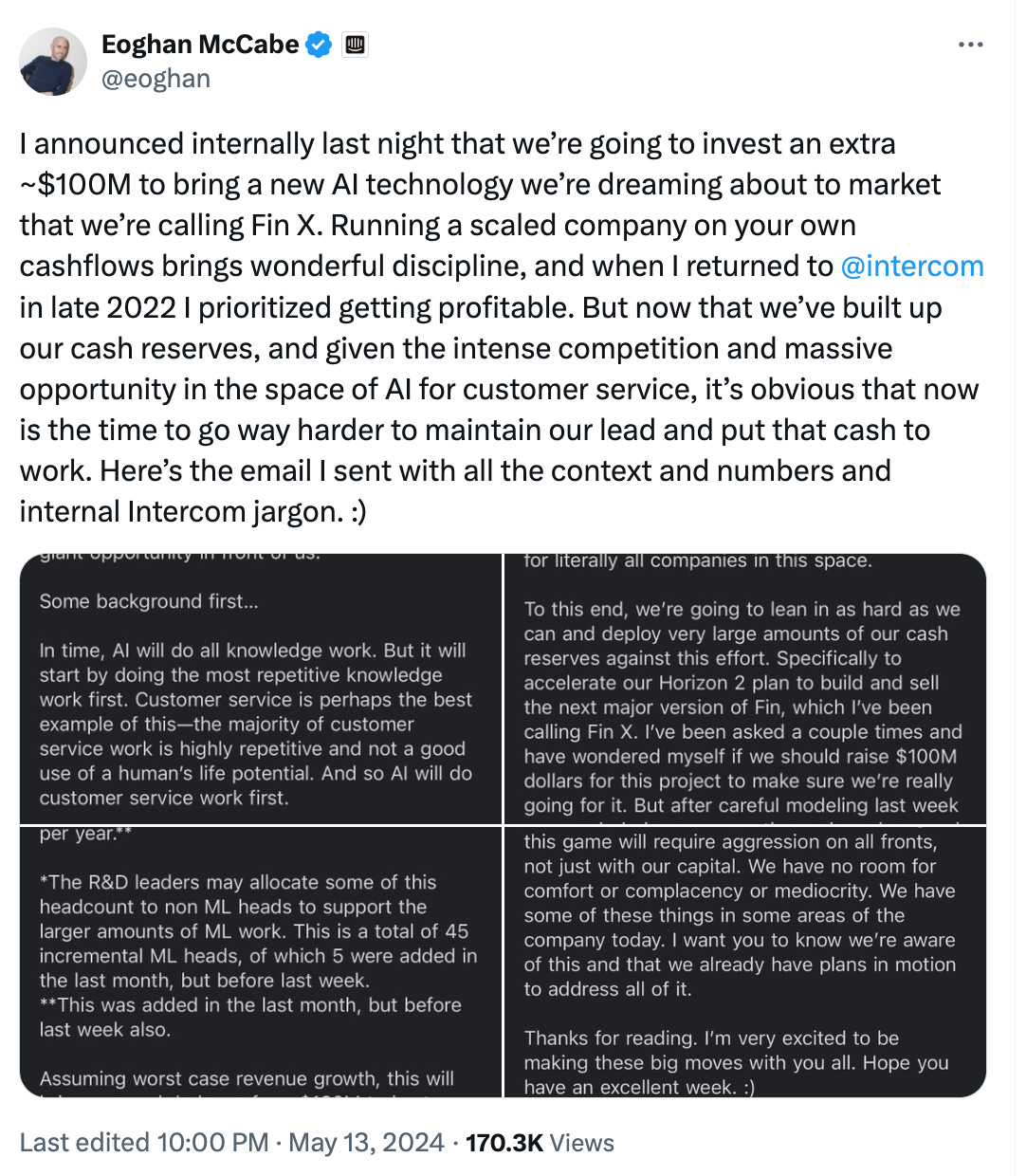 CEO & Founder of Intercom Eoghan McCabe X post on $100m AI Invetment