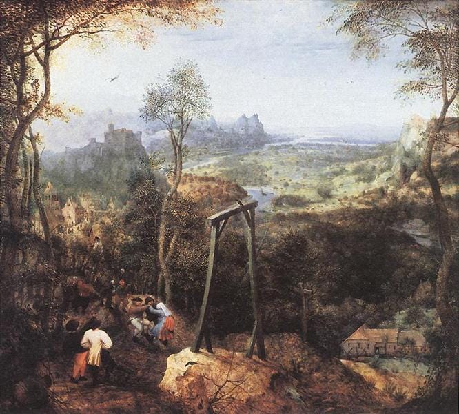 Bruegel painting of dancing peasants and a magpie perched on a gallows