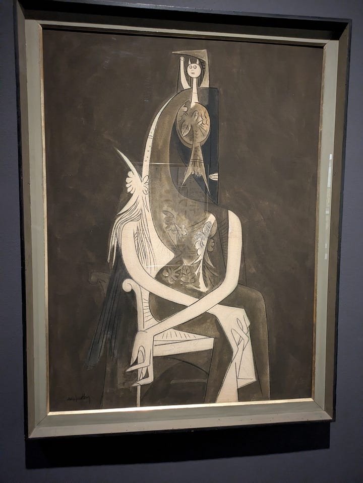 Seated woman, Wilfredo Lam, Cuba 1955. Eiffel Tower and Gardens, Champ de Mars. Robert Delaunay, 1922, Paris.
