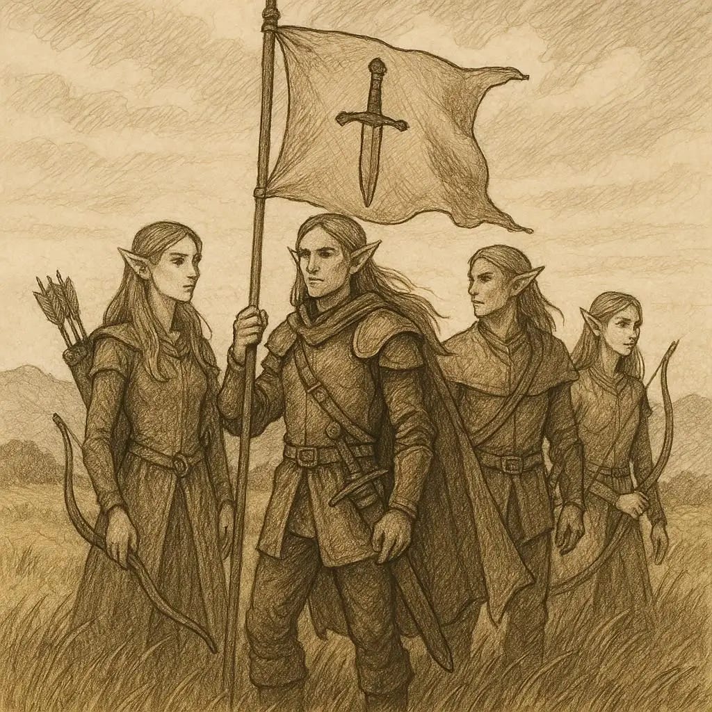 elves in grassy plains, flag depicting steel sword, dungeons and dragons fantasy drawing elves in grassy plains, flag depicting steel sword, dungeons and dragons fantasy drawing