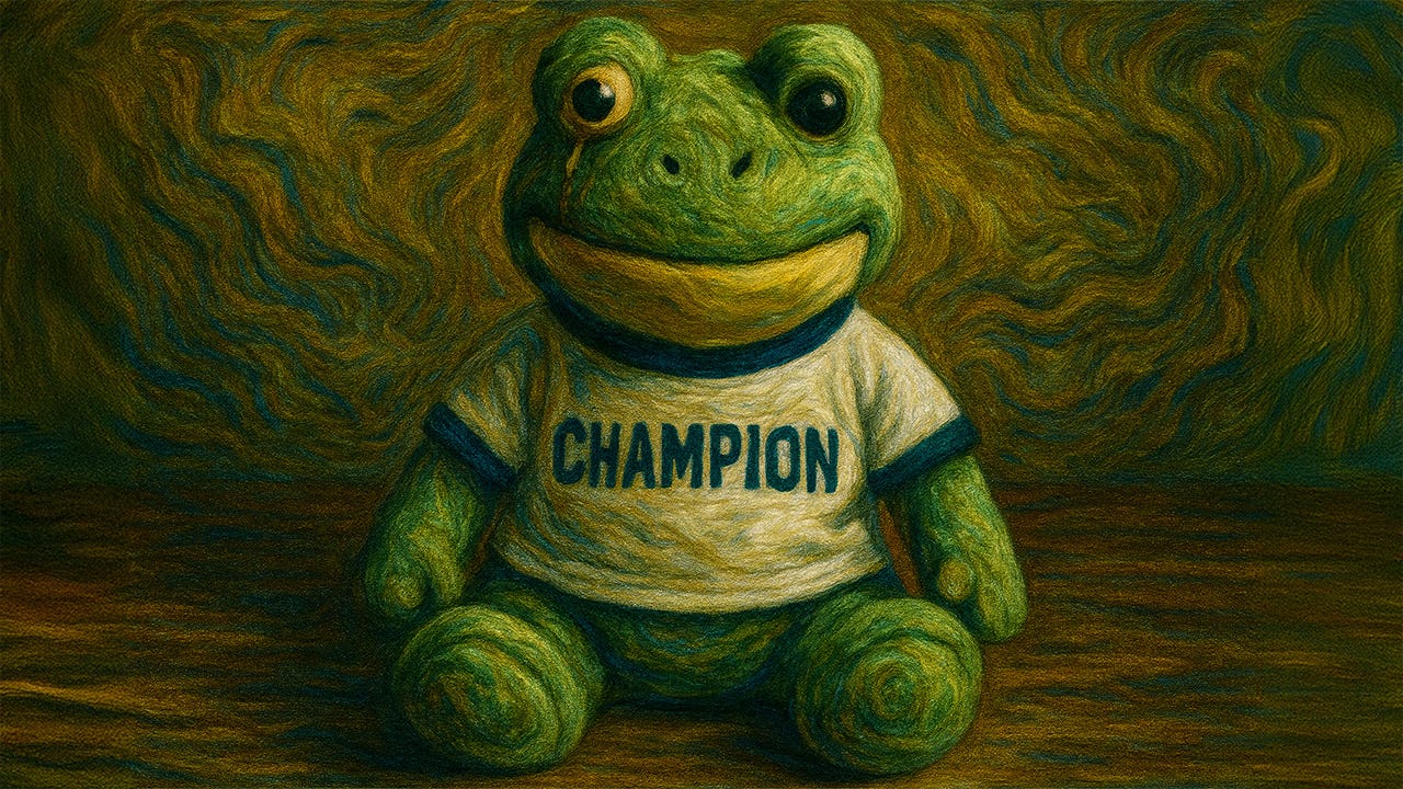 Expressionist oil painting of a green plush frog toy wearing a white T-shirt with the word “CHAMP1ON” in bold blue letters. The frog’s bulging eyes, one with a tear streak, are exaggerated with swirling brushstrokes. The bright golden-yellow background radiates with textured patterns, creating a surreal, nightmarish atmosphere.