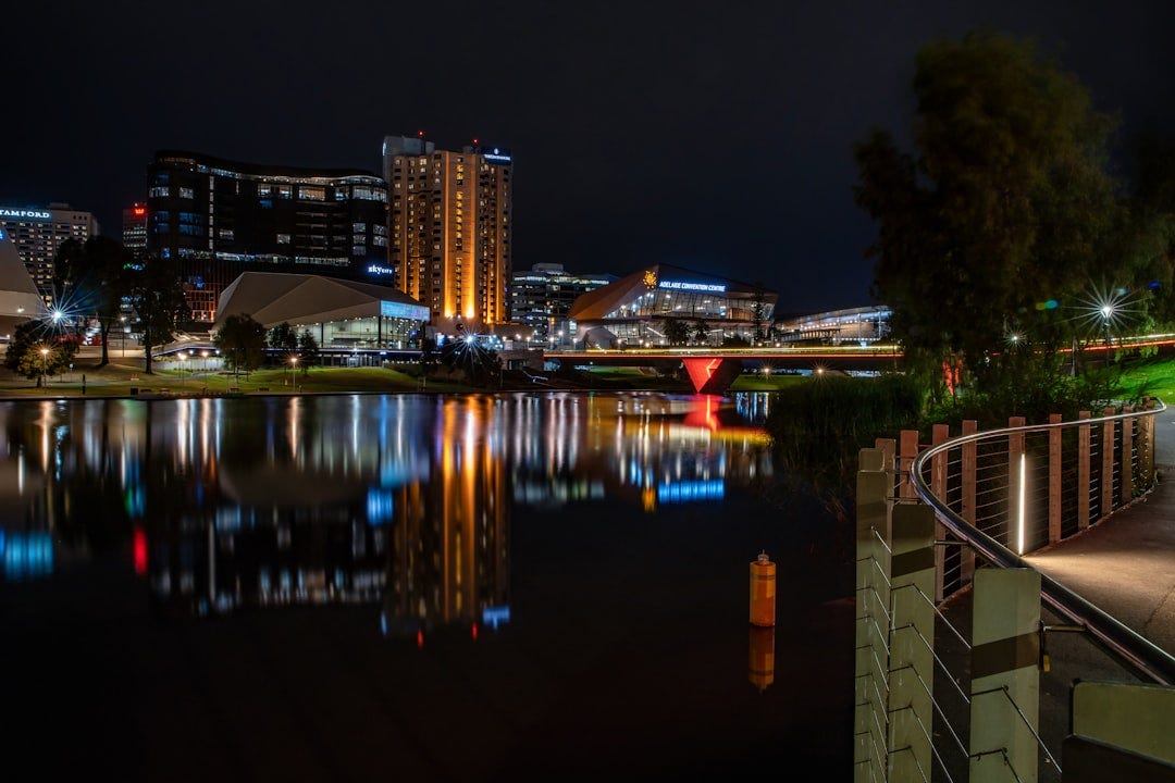 River Torrens boardwalk at night. River Torrens boardwalk at night.