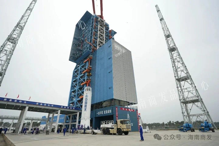 Hardware for the Long March 8A Y4 vehicle heading to the launch pad and during processing.