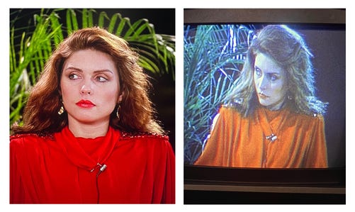 film stills (Videodrome) of Nicki in life in red and on screen in orange