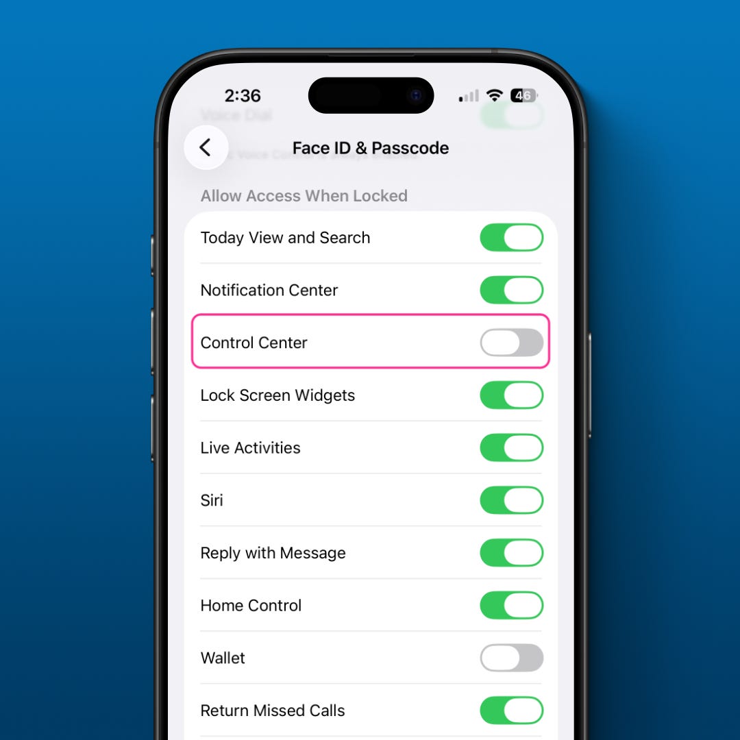 iPhone Face ID & Passcode settings screen showing Control Center turned off under “Allow Access When Locked.” iPhone Face ID & Passcode settings screen showing Control Center turned off under “Allow Access When Locked.”