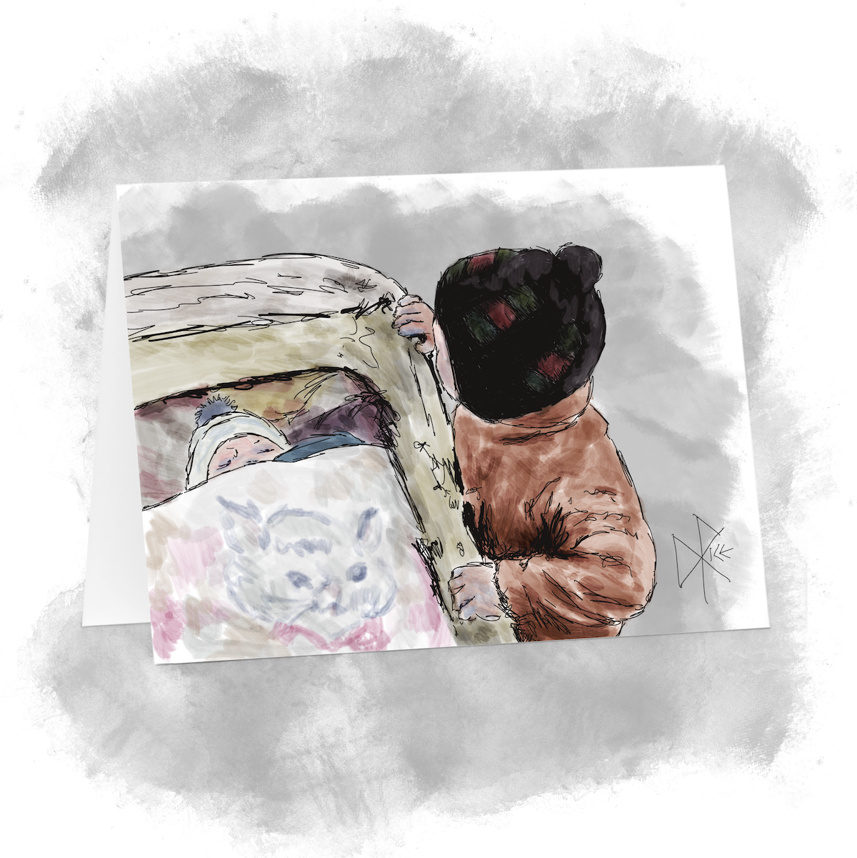 A baby sleeps in a stroller, as his brother peers in at him over the side. Both are dressed for cold weather. Sketch art by Don Rice. A baby sleeps in a stroller, as his brother peers in at him over the side. Both are dressed for cold weather. Sketch art by Don Rice.