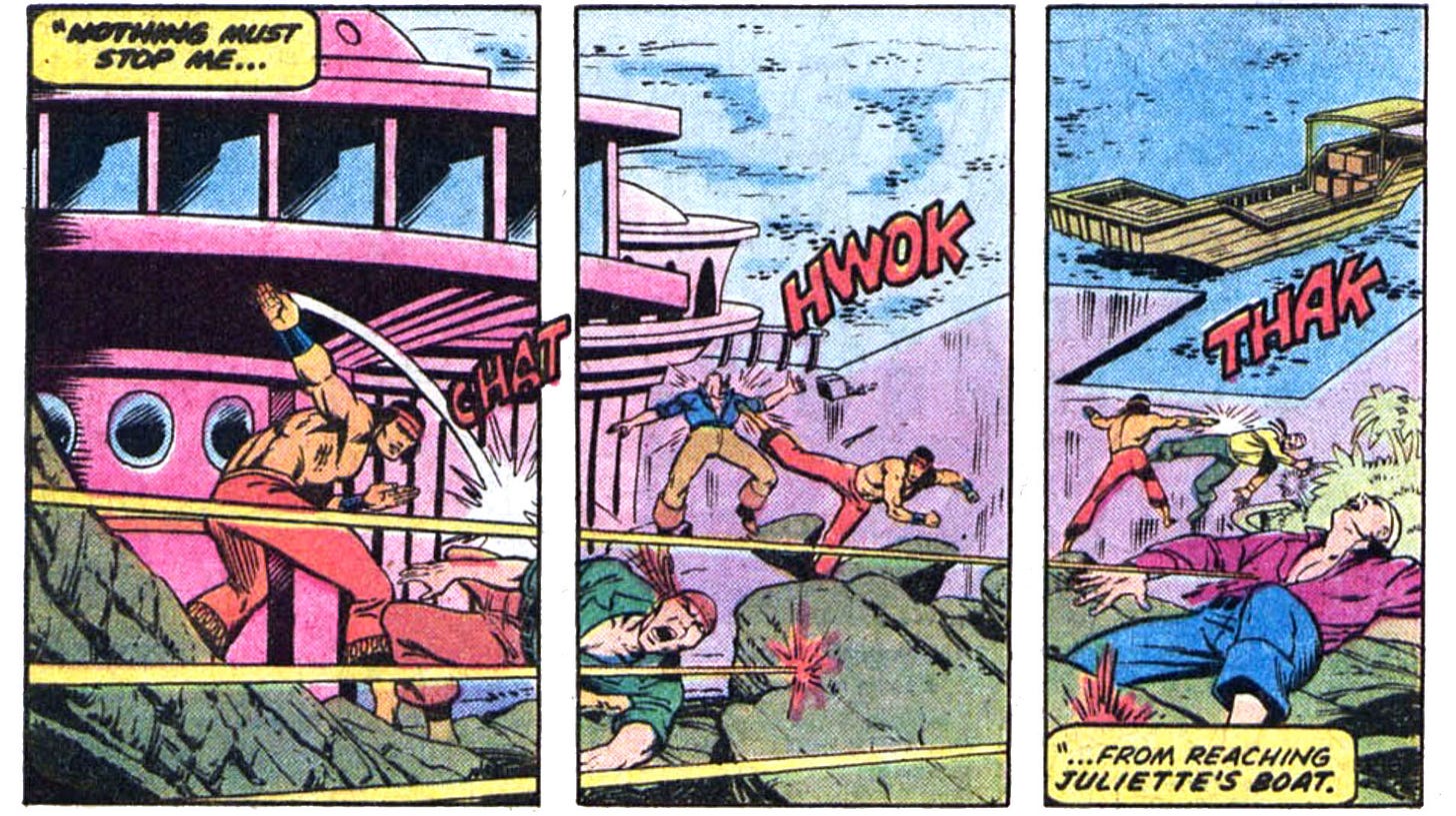 A cool three-panel sequence from this issue showing Shang-Chi making his way down a hill toward a boat at the docks of a lagoon. As Shang-Chi goes farther down the hill, he is fighting bad guys while someone off-panel is shooting other bad guys. Narration from Shang-Chi reads, “Nothing must stop me… from reaching Juliette’s boat.” Sound effects are “CHAT” for a Shang-Chi karate chop, “HWOK” for a kick, and “THAK” for a punch.