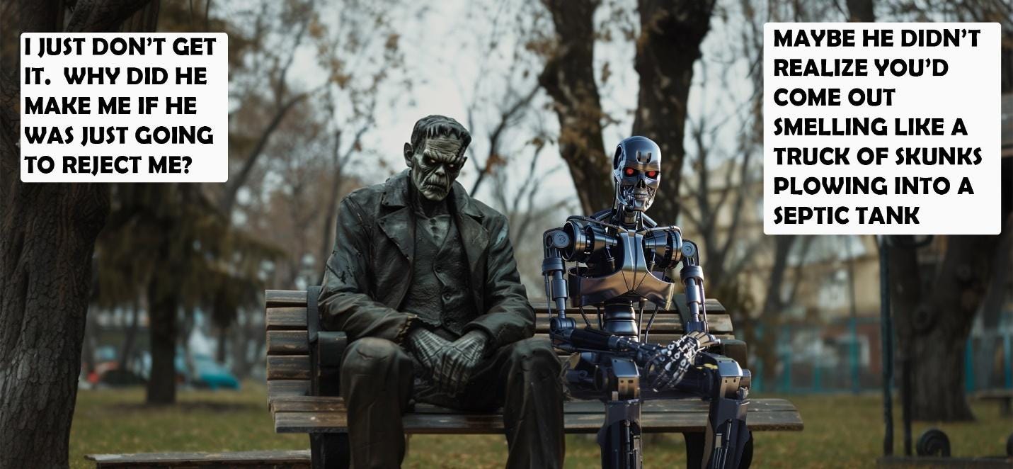 A person sitting on a bench next to a robot

Description automatically generated