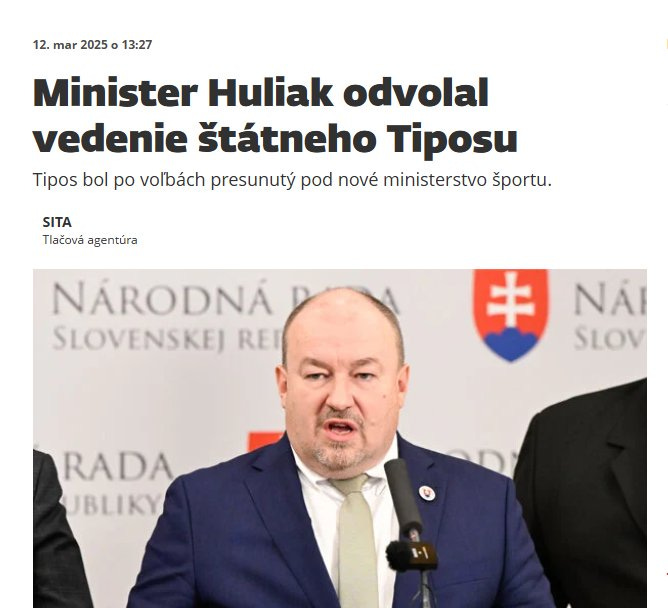 Na obrázku môže byť 2 ľudia a text, v ktorom sa píše „12. mar 2025 ၀ 13:27 Minister Huliak odvolal vedenie štátneho Tiposu Tipos bol po volbách presunuty pod nové ministerstvo športu. SITA Tlačová agentúra NÁRODNÁ SLOVENSKE) REI キ NAI SLOV RADA UBLIKY“
