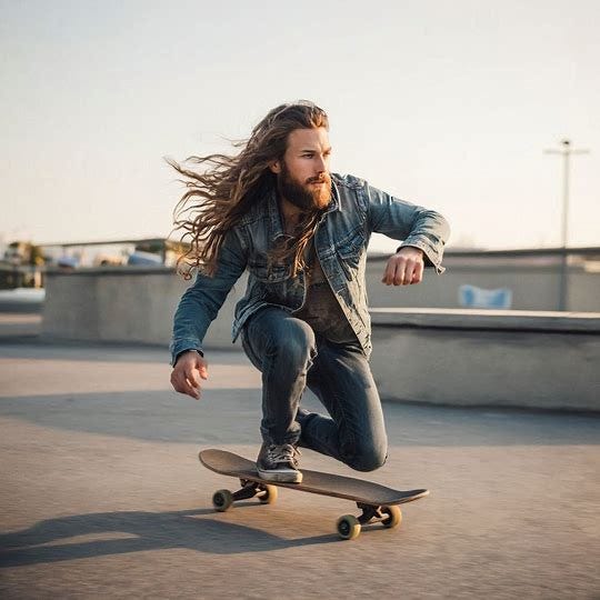 A twenty-something with long hair and a beard on a skateboard