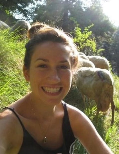 Selfies of Connie with sheep, cow, and goats.
