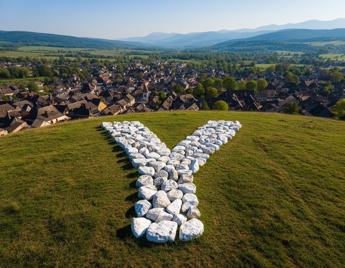 a Big white y made of rocks on a hillside overlooking a town