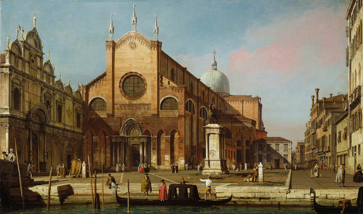 Antonio Canal, detto il Canaletto, Campo santi Giovanni e Paolo, 1738 ca, olio su tela, 46,4x78,1 cm, Londra, Royal Collection. Antonio Canal, detto il Canaletto, Campo santi Giovanni e Paolo, 1738 ca, olio su tela, 46,4x78,1 cm, Londra, Royal Collection.