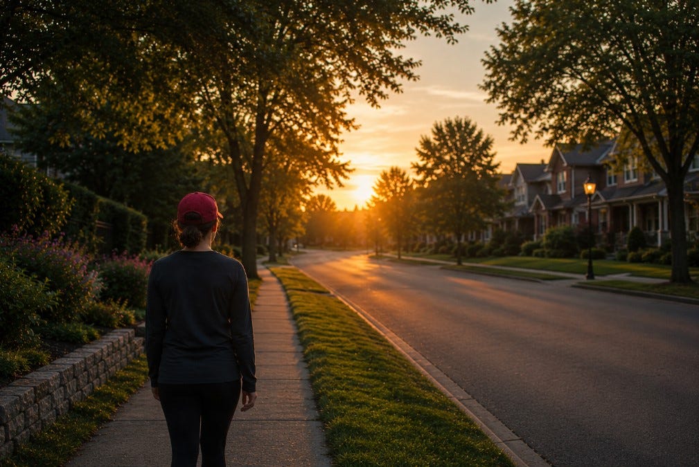 Woman enjoying a peaceful sunrise walk through a quiet neighbourhood before the world wakes up, reflecting in the stillness of the morning.