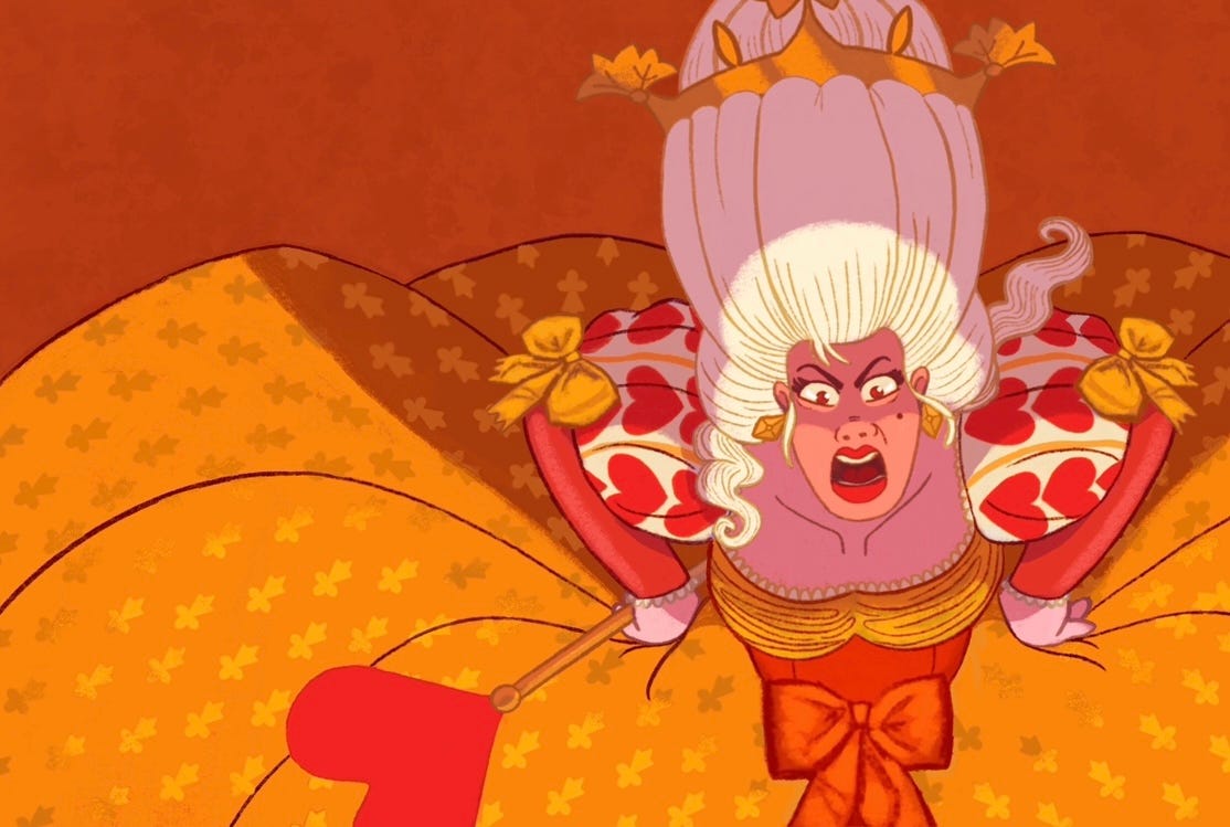 A cartoon of a person in a red dress

Description automatically generated