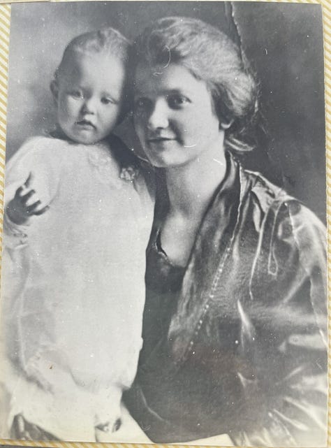 Black-and-white photos of a young girl, a mother and young daughter, and another young daughter.