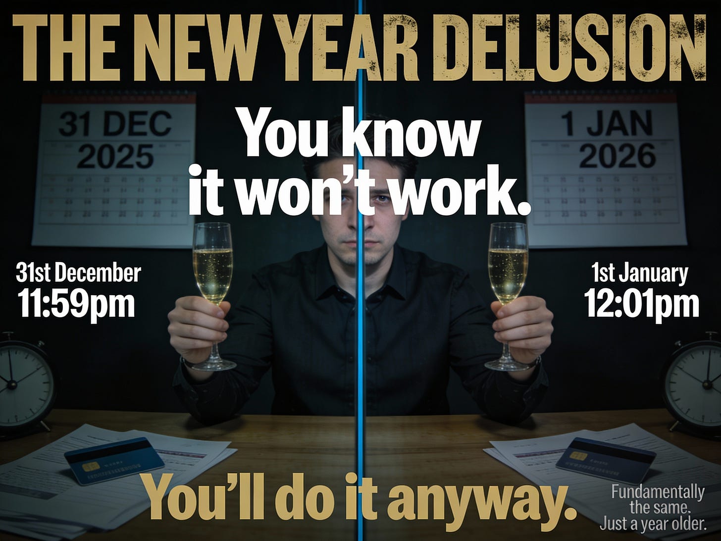 Same person toasting New Year 2026 transition - you know it won't work but you'll do it anyway - split-screen showing December 31st 2025 versus January 1st 2026 identical reality -  New Year's resolution failure psychology fundamentally the same just older https://bit.ly/4beKnjn