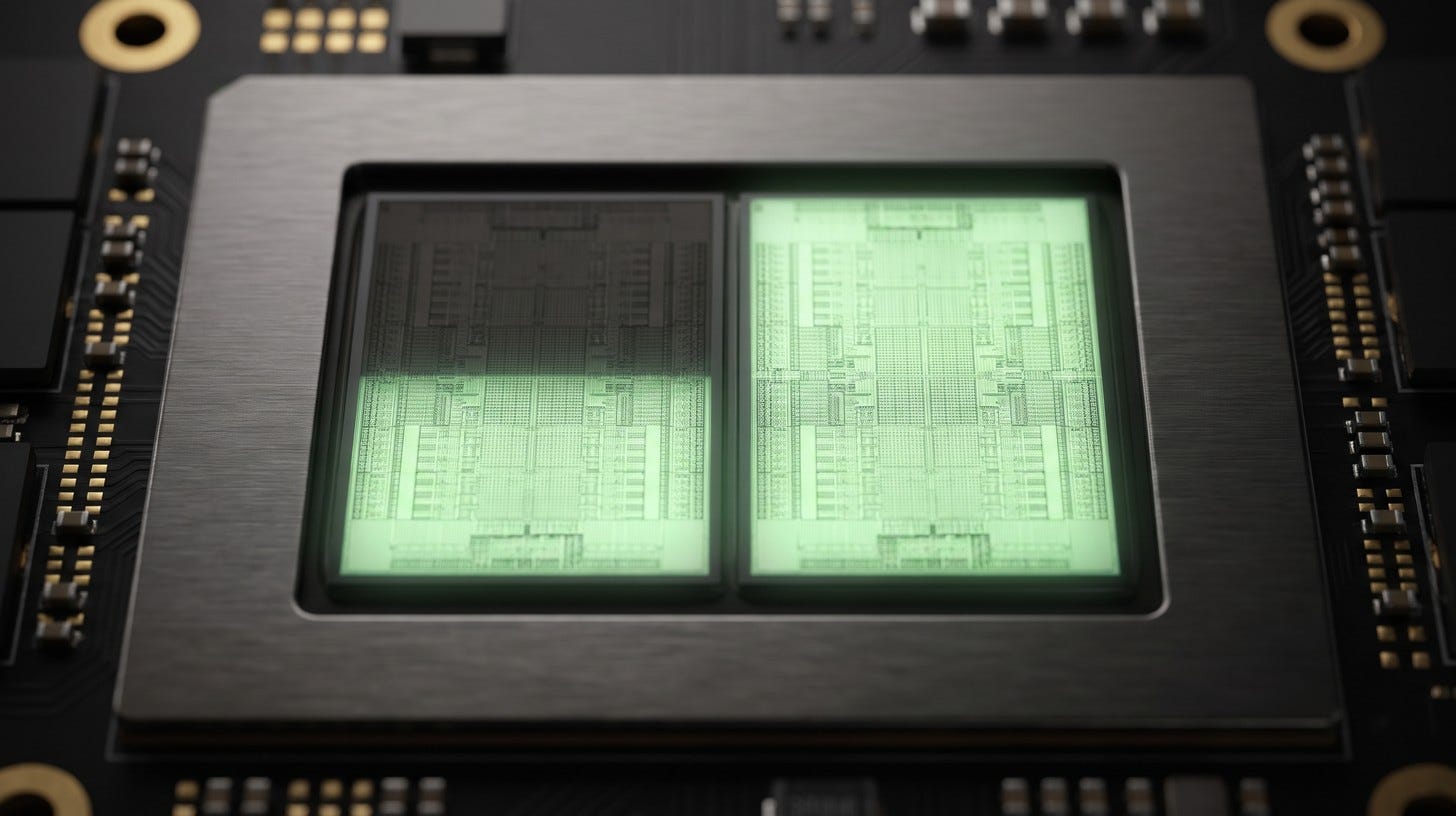 Two identical GPU dies side by side on one board: the right one fully lit, the left one only half lit