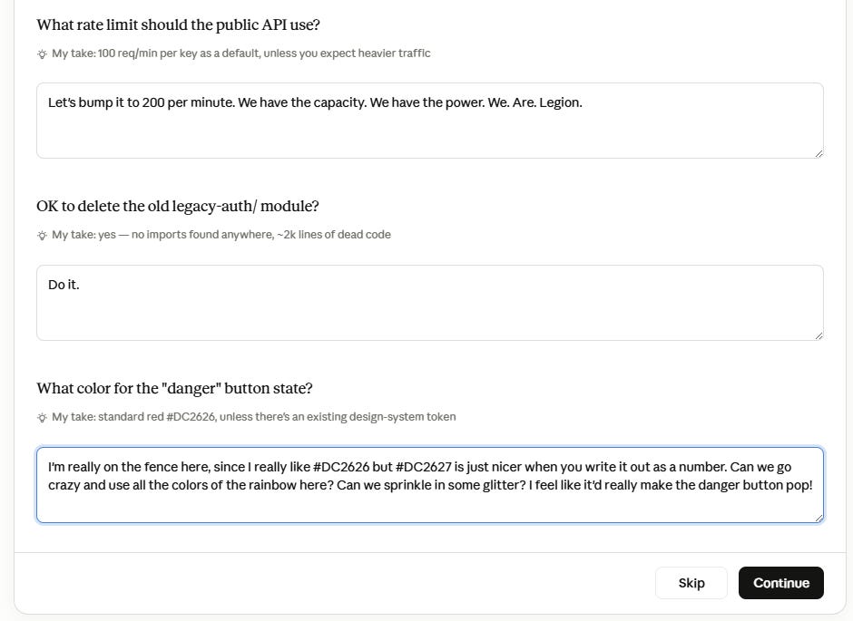 Interactive widget with freeform text fields for three decisions, including a joke answer demanding a 200 req/min rate limit "because we are legion." Interactive widget with freeform text fields for three decisions, including a joke answer demanding a 200 req/min rate limit "because we are legion."