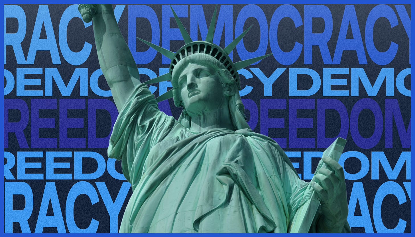 Illustration of the Statue of Liberty in front of a bold, layered backdrop filled with the words “FREEDOM” and “DEMOCRACY” in varying shades of blue. The statue is centered and highlighted, framed by a solid blue border. Illustration of the Statue of Liberty in front of a bold, layered backdrop filled with the words “FREEDOM” and “DEMOCRACY” in varying shades of blue. The statue is centered and highlighted, framed by a solid blue border.