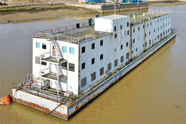 This barge, similar to the one in the plan to house refugees, was moved from Kent to Gibraltar in 2021 to create luxury flats