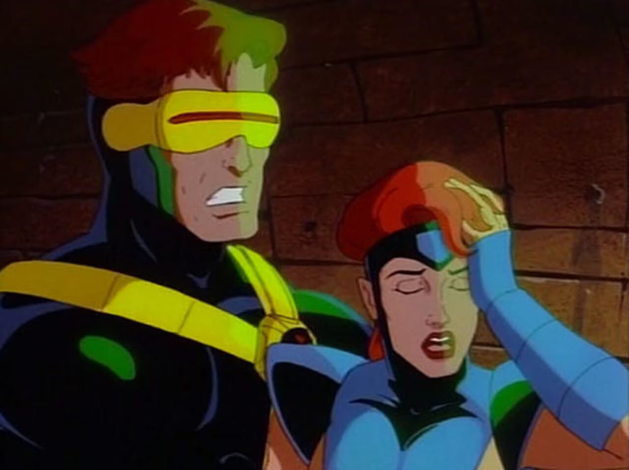 X-Man Jean Grey flops into Cyclop's arms, beset with more psychic problems