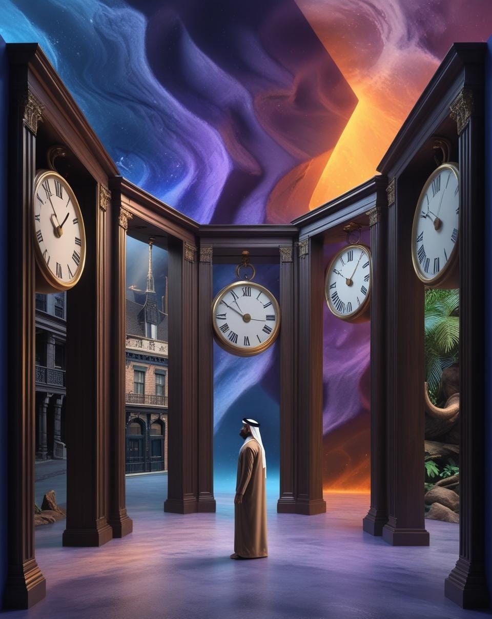 Impossible geometric room with walls that fade into starfields, doorways leading to different time periods, floating clocks showing different times, person standing in center looking contemplative