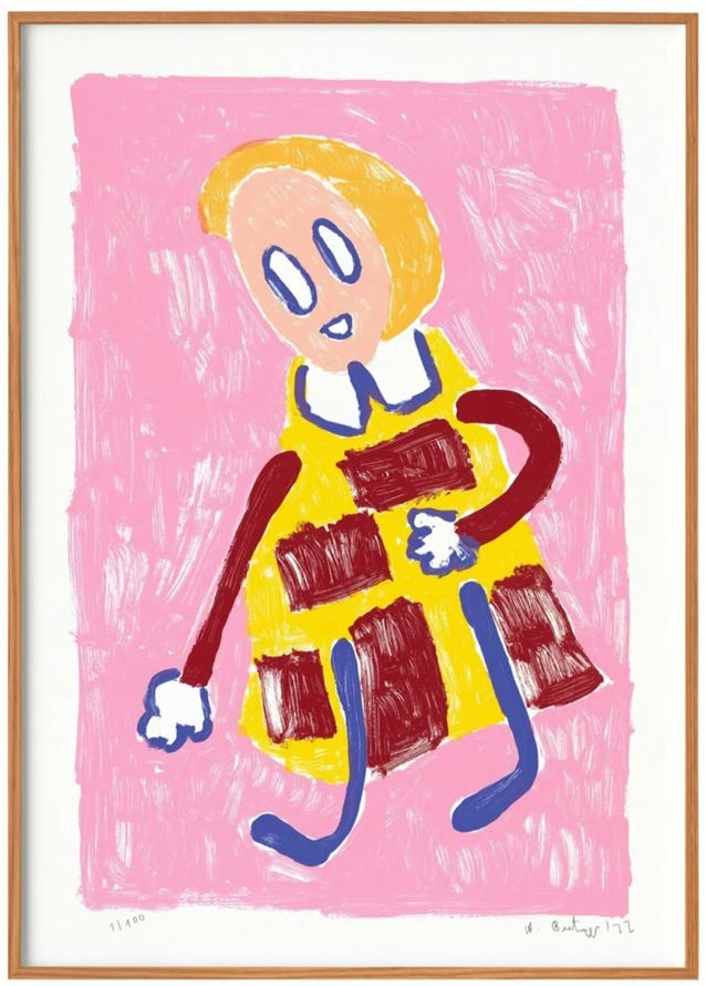 Expressive figurative painting by André Butzer of a simplified yellow and red figure against a pink background, shown in a light wood frame.