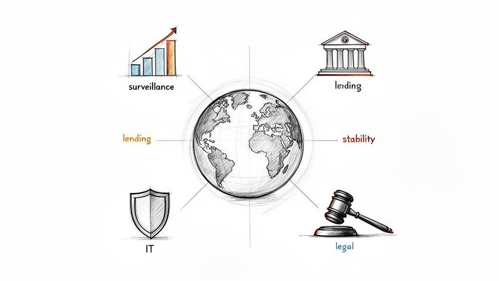 Sketch of a globe with interconnected concepts: financial surveillance, lending, stability, legal, and IT security.