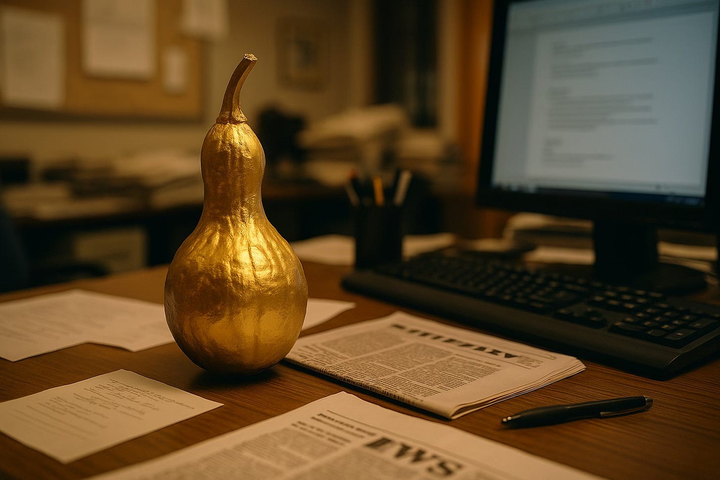 A golden spray-painted gourd sits on a cluttered newsroom desk beside papers, a newspaper, and a computer—recreated to represent a real recognition ritual from a past newsroom. A golden spray-painted gourd sits on a cluttered newsroom desk beside papers, a newspaper, and a computer—recreated to represent a real recognition ritual from a past newsroom.