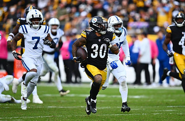 Jaylen Warren of the Pittsburgh Steelers rushes for a 50 yard touchdown during the third quarter against the Indianapolis Colts at Acrisure Stadium... Jaylen Warren of the Pittsburgh Steelers rushes for a 50 yard touchdown during the third quarter against the Indianapolis Colts at Acrisure Stadium...