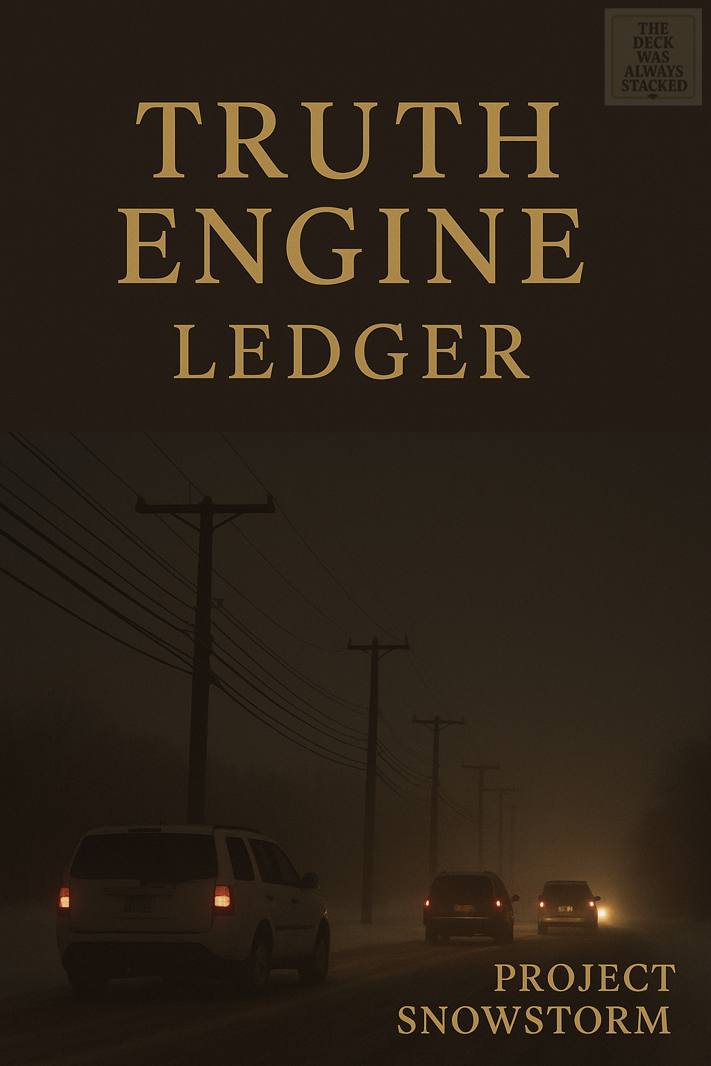 Snow-covered highway under powerlines, three vehicles driving into fog. Text: Truth Engine Ledger | Project Snowstorm.