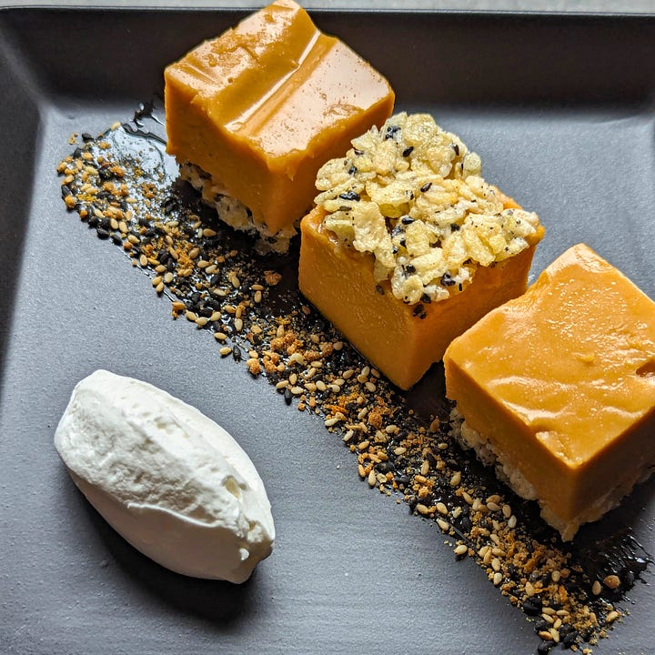 An assortment of desserts topped with dessert furikake, including a close-up of the mix itself, ice cream with caramel drizzle, strawberry mousse cake, sweet potato tart, and grilled peaches with ice cream.