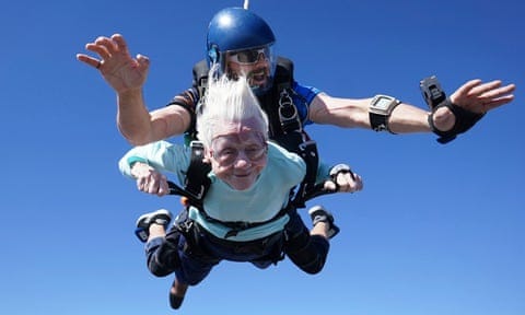 Dorothy Hoffner, 104, who died in her sleep a week after her record-setting skydive with tandem jumper Derek Baxter.