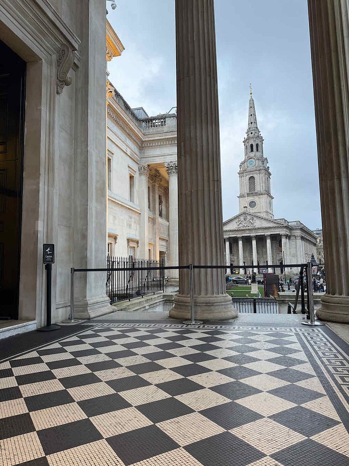 My bobble hat twin Jeanne, two views from outside the National Gallery and detail of Edwin Austin Abbey's The Hours