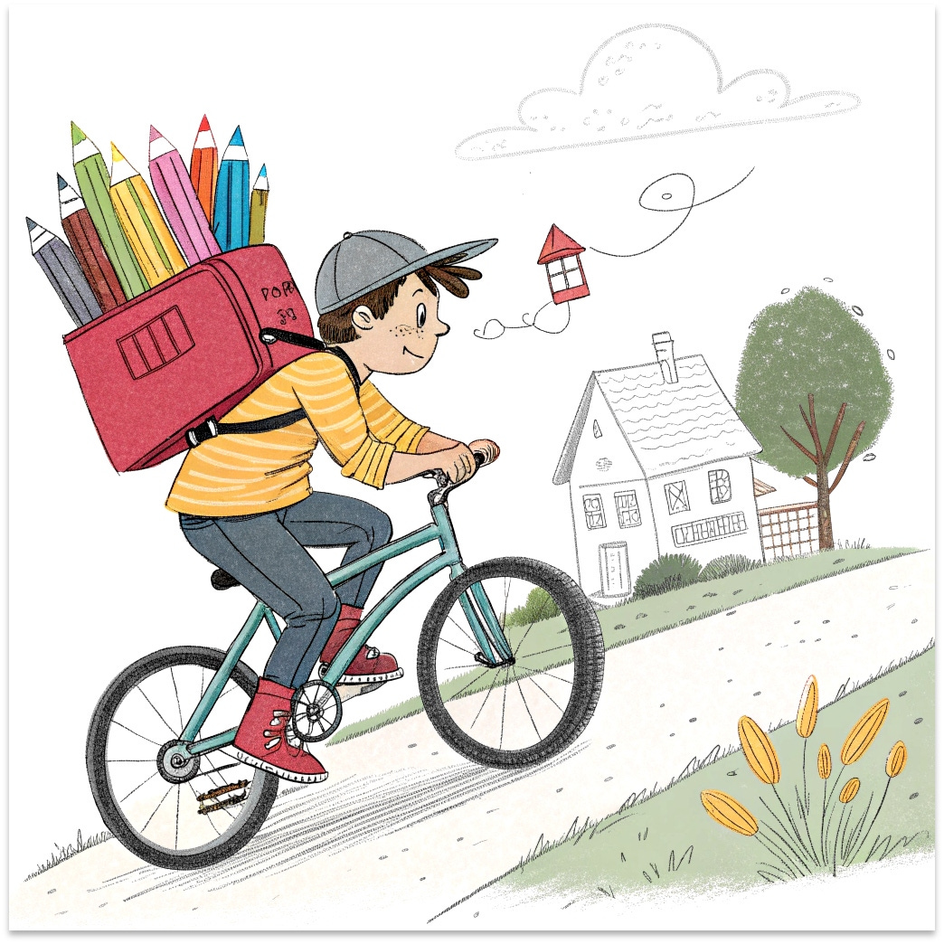 Illustration of Tommy on his bicycle returning all the colours