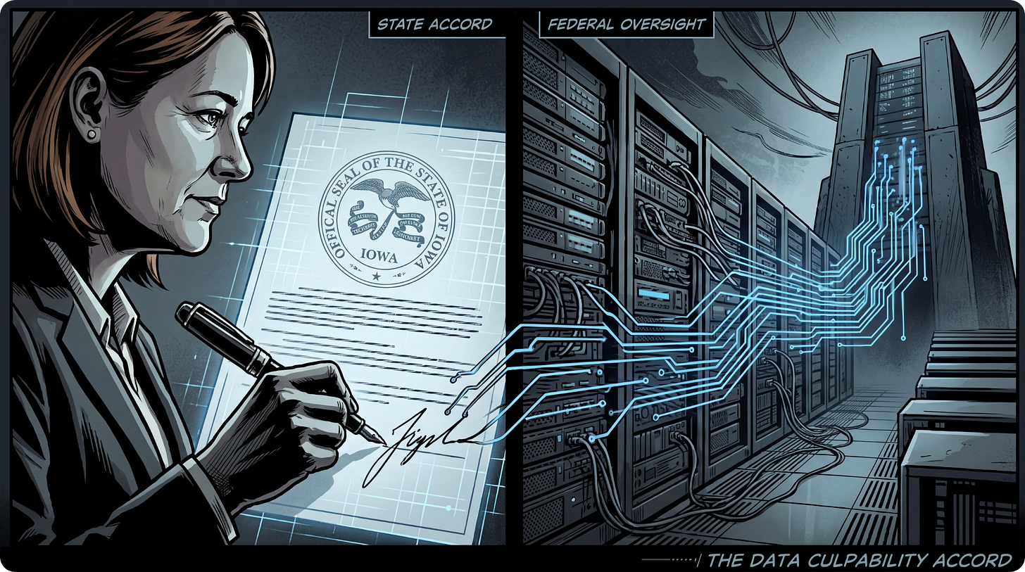 Editorial illustration showing an official signing a government document beside federal data infrastructure, representing Iowa records entering federal verification and voter-data systems.