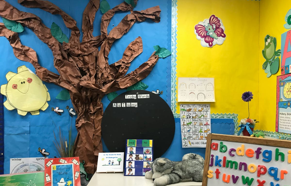 Decorated wall and educational items at an elementary school. Decorated wall and educational items at an elementary school.