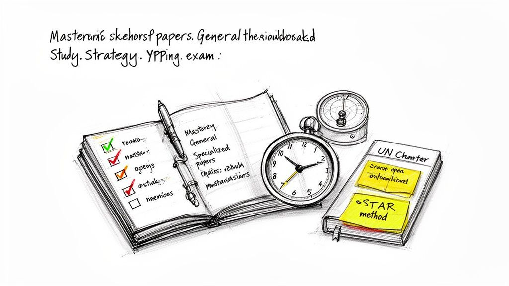 Hand-drawn illustration of study materials, a stopwatch, a notebook with a checklist, and a book on UN Charter. Hand-drawn illustration of study materials, a stopwatch, a notebook with a checklist, and a book on UN Charter.
