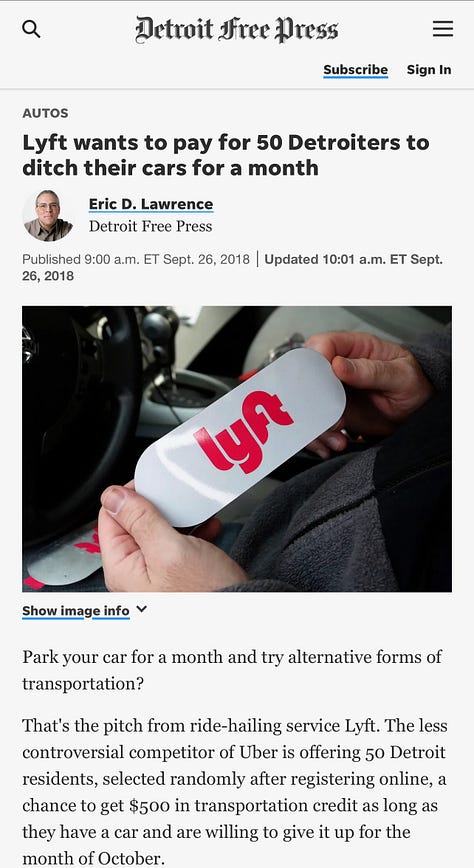 The Lyfties and Ditch Your Car. Saved clippings from WUSA9 and the Detroit Free Press.
