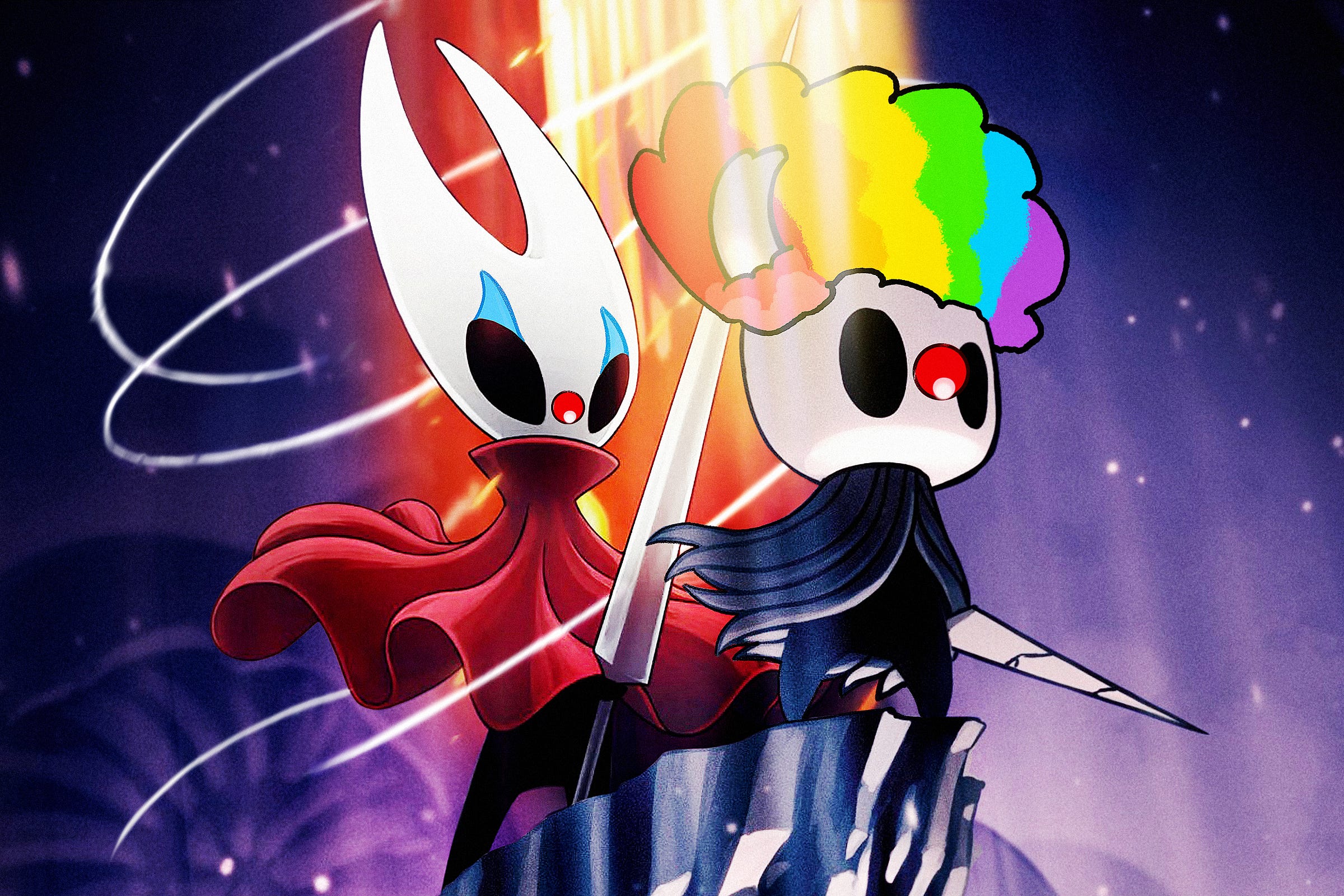 Graphic illustration of Hollow Knight and Hornet wearing clown wigs and makeup, set against a purple background with orange beams of light in the center.