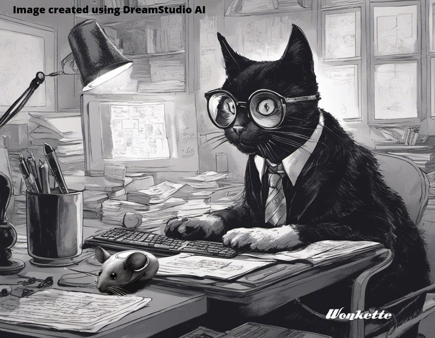 An AI-generated 'drawing' of an anthropomorphic cat economist wearing a necktie and nerdy glasses, sitting at a desk and preparing an economic report on a computer. The computer's mouse looks a lot like an actual rodent or cat toy An AI-generated 'drawing' of an anthropomorphic cat economist wearing a necktie and nerdy glasses, sitting at a desk and preparing an economic report on a computer. The computer's mouse looks a lot like an actual rodent or cat toy