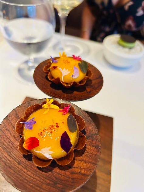 Snapshots of a tasting menu at Indienne in Chicago. Small plates with colorful food and a snapshot of the menu itself listing interesting twists on haute Indian cuisine as prepared by Chef Sujan Sukar