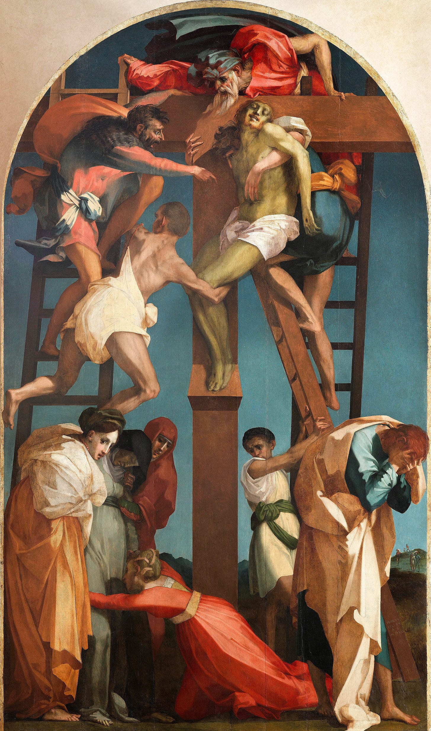 Deposition from the Cross by Rosso Fiorentino: men on ladders lower Christ's body from the cross in sharp light Deposition from the Cross by Rosso Fiorentino: men on ladders lower Christ's body from the cross in sharp light